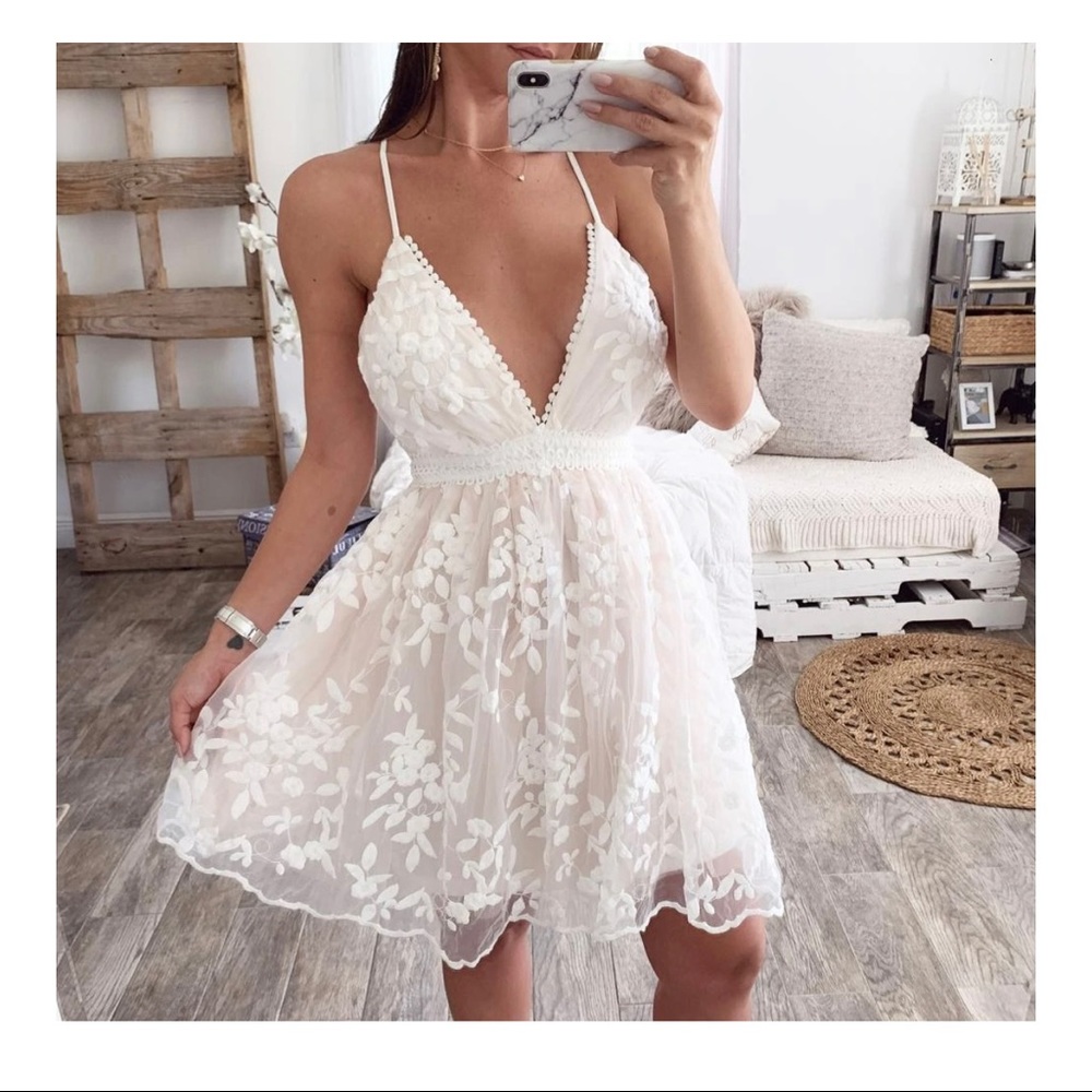 Mesh Lace Ruffle Dress Leafy Embroidered